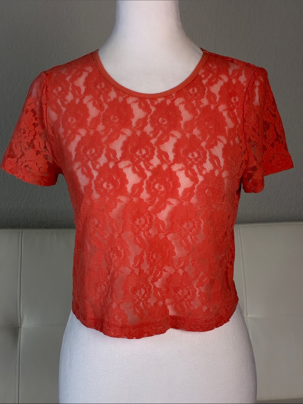 Anthropologie Coral Lace Short Sleeve Sheer Crop Top